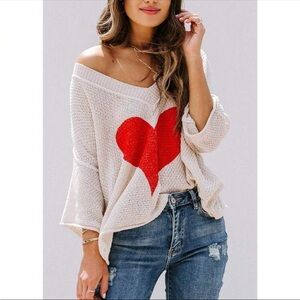 Luxe Heart Pattern Knit Loose Fit Off Shoulder V Neck Sweater Top